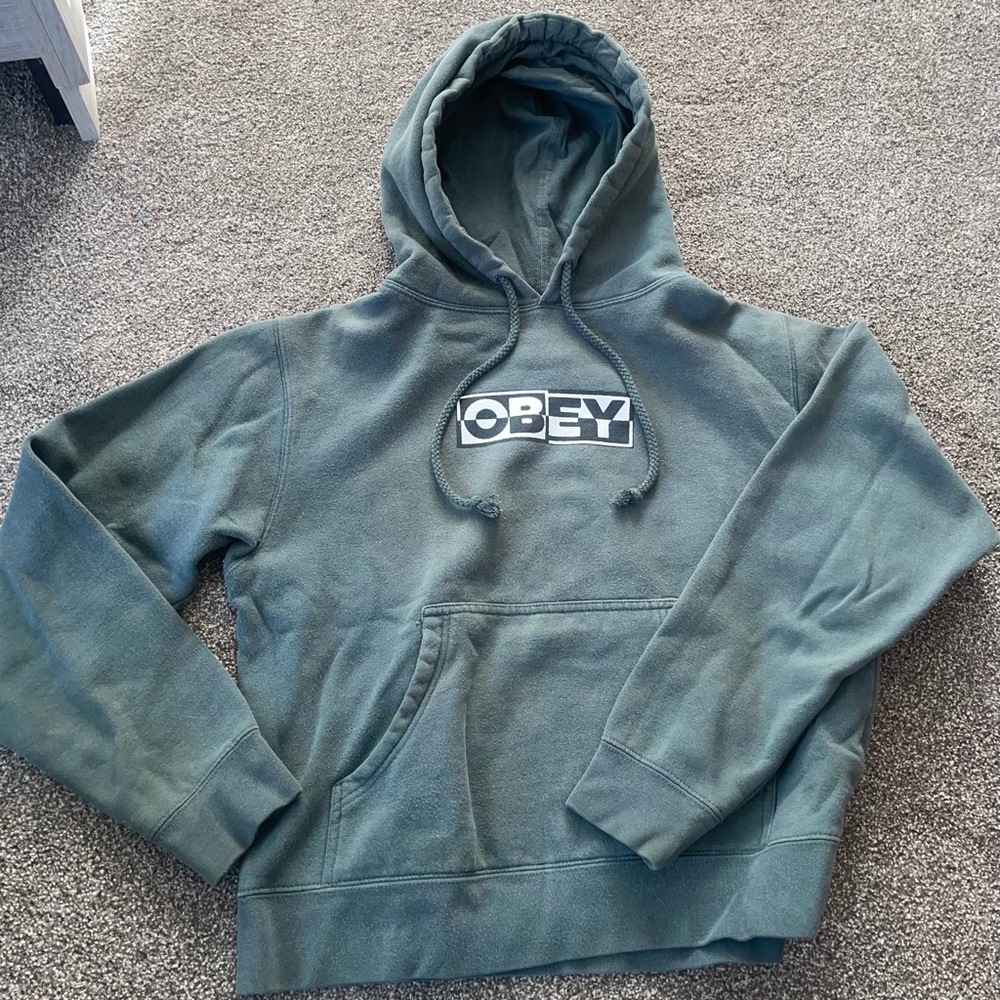 OBEY Hoodie Womens Medium Olive Faded Sweatshirt Retro Streetwear